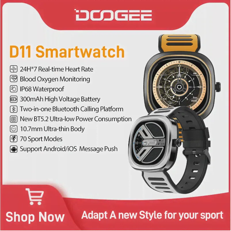 DOOGEE D11 водонепроницаемые умные часы с Bluetooth, пульсометром и аккумулятором на 300 мАч (art.: 3920bd7b6f073)-4